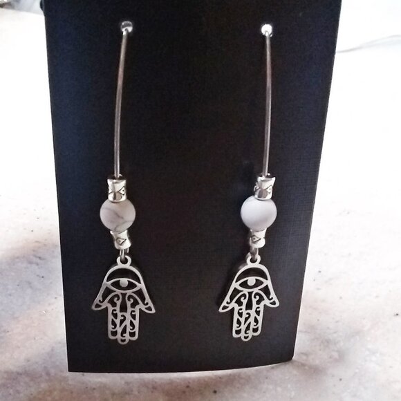 Positivity + Prosperity + Blessings! Hamsa ~ Hand of Fatima ~ Howlite Earrings - Picture 3 of 7